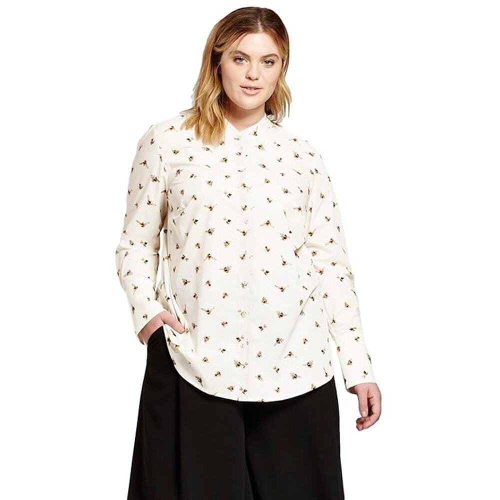 Victoria Beckham Women's White Bee Print Button-Down Shirt Top Size Small